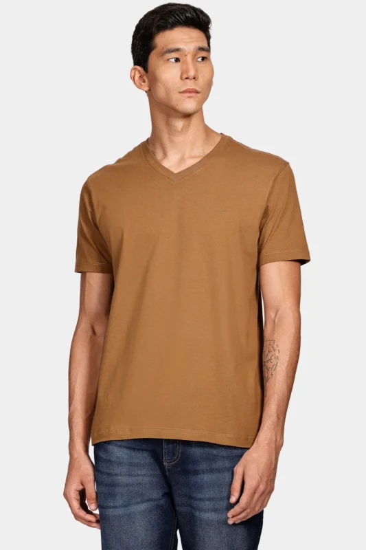Camiseta Manga Curta Básica Gola v Cáqui Mascavo